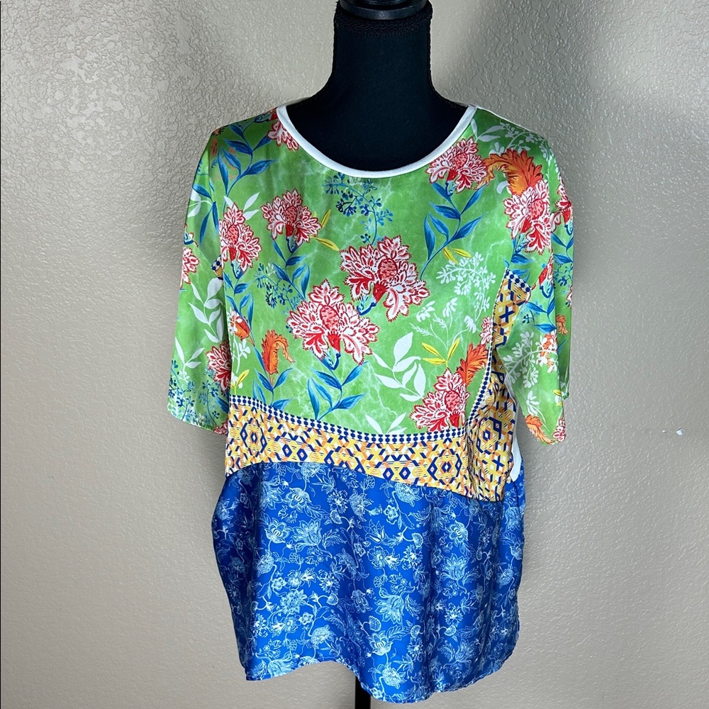 Zara Mixed Print Floral Boho Blouse – Size Medium – Colorblock Green & Blue Top